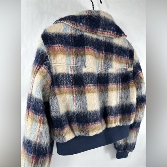 NWT 7 For All Mankind Cropped Bomber Jacket Plaid Tan Blue Zip-Up Coat Small - Picture 9 of 13